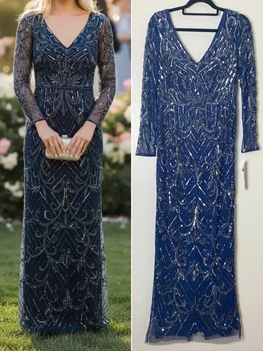 Aidan Mattox Dress Navy Blue Silver Sequin Beaded Long Maxi Gown Formal Art Deco
